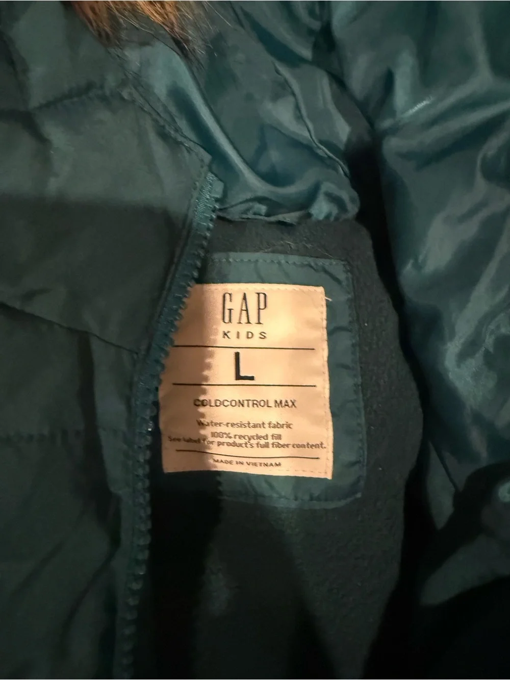 GAP Teal Hooded Puffer Jacket with Faux Fur Trim